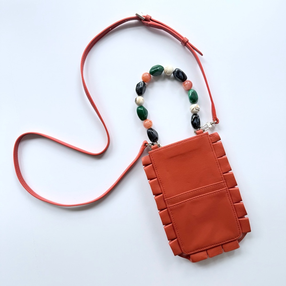 Roberto Verino Olas Mini Crossbody Cellphone Bag Orange Leather w/ Beaded Handle